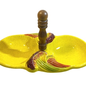 Vintage Mid Century  California Pottery USA #514 Divided Dish Mushroom Accent pottery yellow