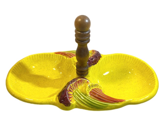 Vintage Mid Century  California Pottery USA #514 Divided Dish Mushroom Accent pottery yellow