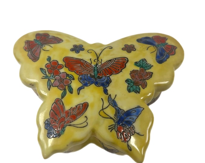 Vintage | Ceramic Butterfly Trinket Box Ring Storage |  Red Stamped Shende Tang Zhi | Yellow Butterfly Motif Vintage | Chinoiserie Oriental