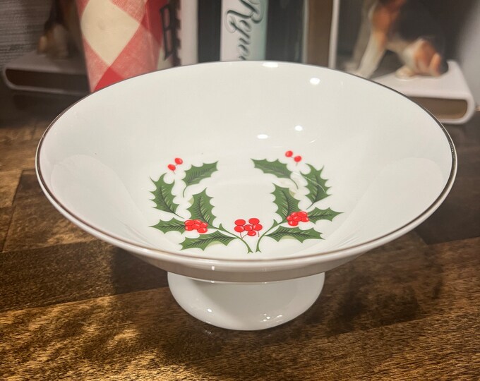 Vintage | Christmas Holly Wreath Ring | Fine China of Japan | Footed Candy Bon Bon Dish | Round Bowl | Porcelain White Red Green | Gold Rim