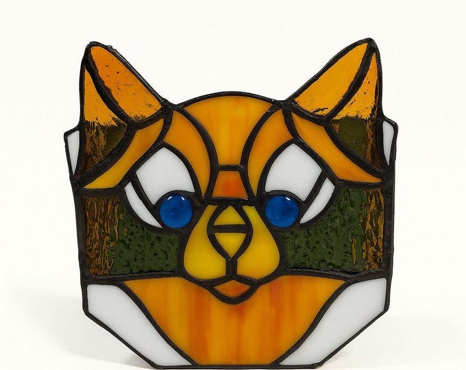 Cat Stained Glass Tea Light Pencil Holder Planter Unique Gift Desk Accessories Handmade Orange Tabby Home Decor Decorative Accents