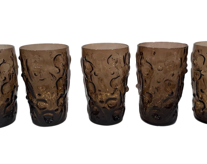 Vintage | Set of 5 | Bryce  "El Rancho" Morocco tumblers | Mid-Century Dimpled Glasses | Barware Drink ware | Juice Tea Set | Smoky Brown