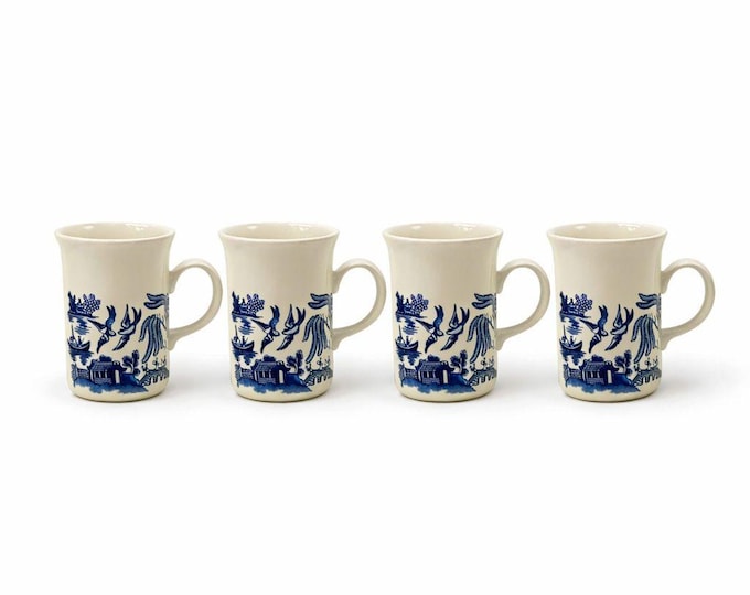Coffee Blue Mugs Willow English Ironstone Cups Set 4  Churchill Georgian Shape England C handle Grand Millennial Chinoiserie Breakfast