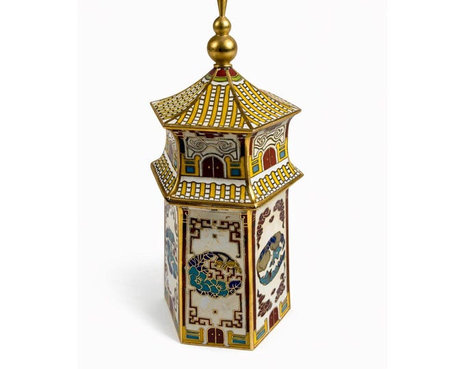 Brass Cloisonné Tobacco Leaf  Jar Chinosiere Asian Oriental Enamel box Temple Pagoda Flowers Vintage Home Shelf Decor Decorative Accents