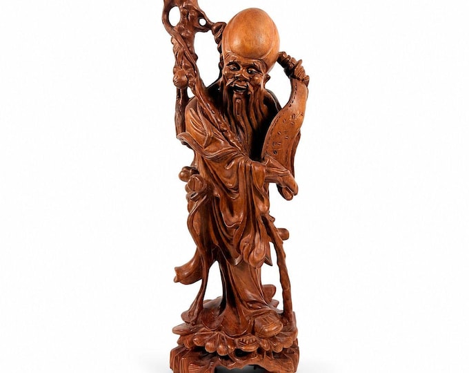 Hand Carved Oriental Statue Shou Lao Xing Chinese God Longevity Scroll Vintage Rosewood Carving Home Decor Decorative Accent Collectible