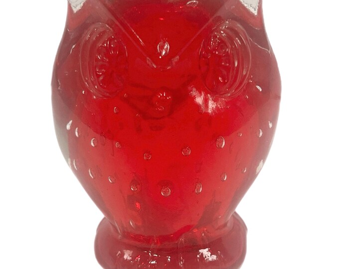Lefton Strawberry Red Bullicante Controlled Bubble Blown Glass Owl Paperweight