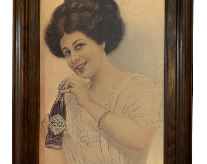 Wall Art Decor | Coca Cola Coke Advertising Painting  Girl Drinking Soda With Wood Frame | Antique Sodas Shop | Home Decor Decorative Accent