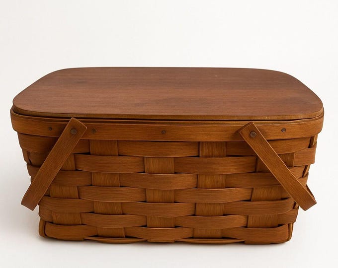 Vintage Rustic Picnic Basket 18"Woven Wooden Slat Hinged Lid Double Handles Large Wov N Wood Jerywil Antique Home Decor Storage Primitive