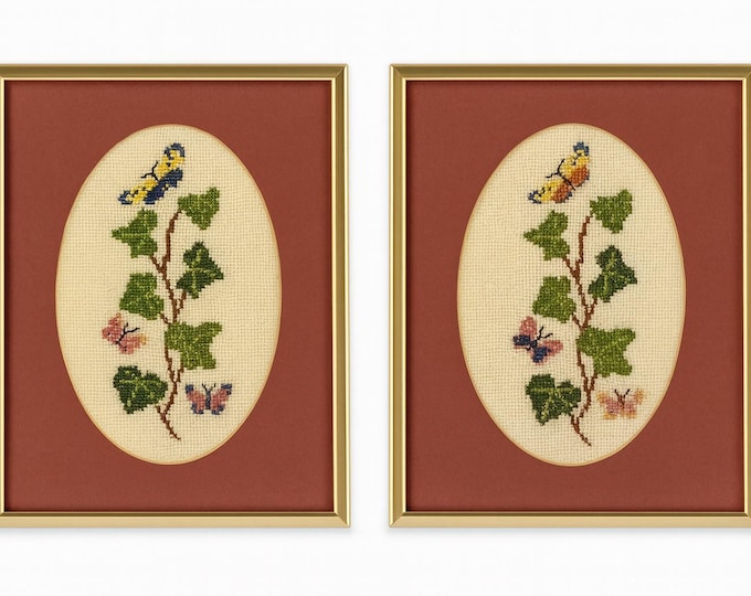 Pair | Framed Metal | Cross stitch | Pair | Oval Mats | Ivy Butterflies Butterfly | Wall Art