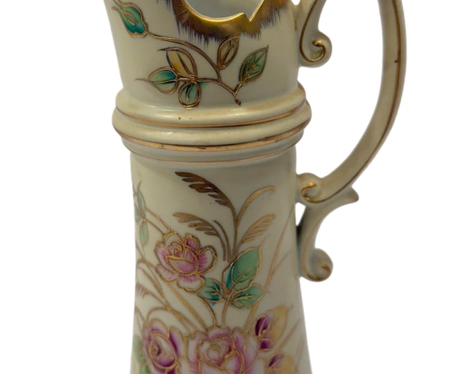 Vintage | Nippon Style Pitcher Vase | Germany style Japan Porcelain Hand Painted Gold Accent | Roses Pink Green | Victorian Cottage Core