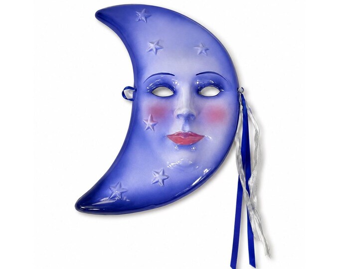 Blue Crescent Moon Face Mask Ceramic Clay Wall Art Celestial Decor Collectible Home Decor Decorative Accents