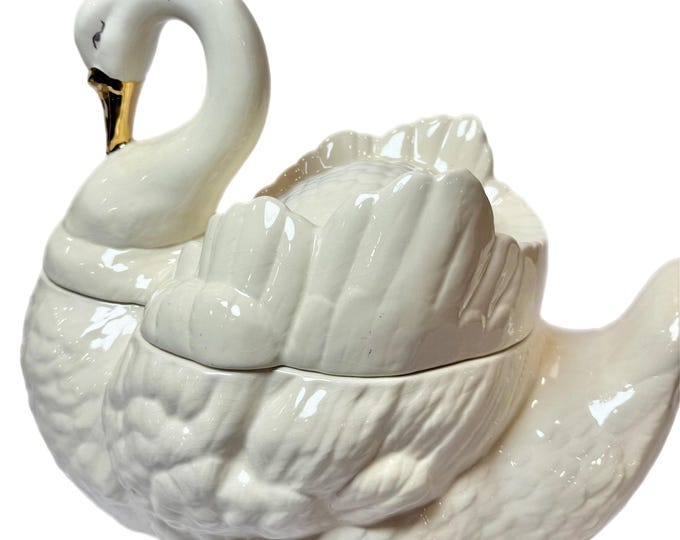 Soup Tureen Bowl Centerpiece | Large White Ceramic Swan | Lidded 2 pieces Gold Accents | Cottage Granny Core | Ceramics Mold Hand painted