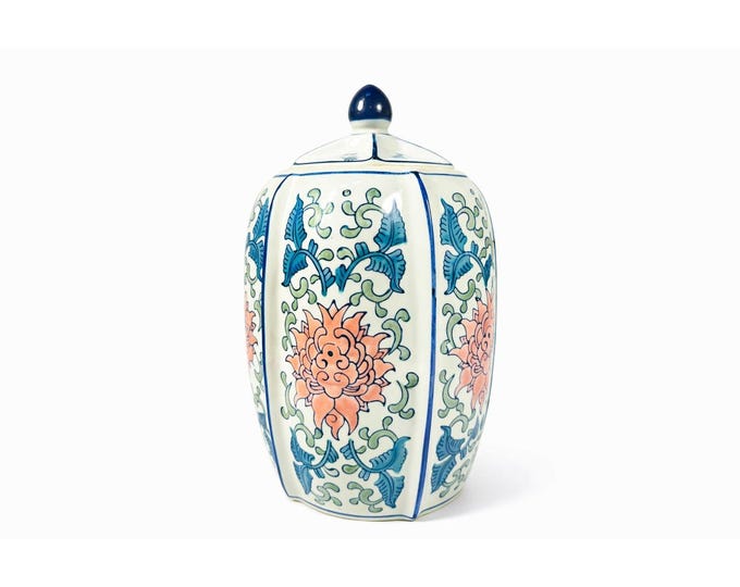 Ginger Temple Jar Lidded Vintage Chinoiserie Blue White Pink Rose pattern Home Shelf Decorative Home Accents Grand Millennial Traditional