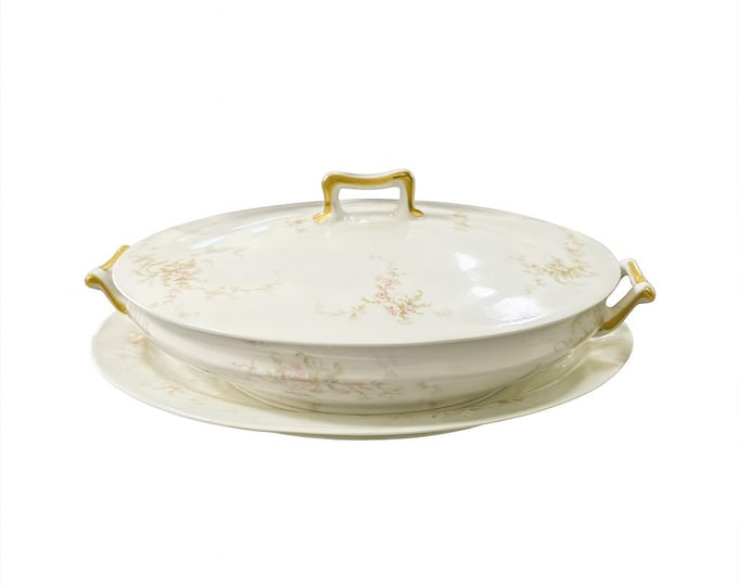 Oval Vegetable Dish Covered with Handles Underplate Serving Platter Set | Haviland Lucille Limoges France Replacement China | Antique Table