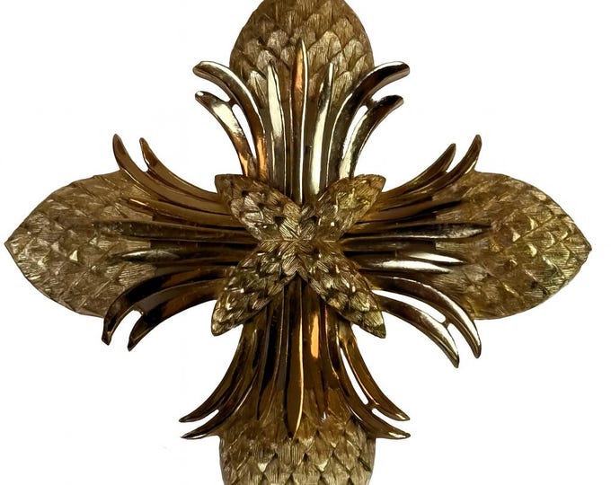 Filigree Pineapple Cross Pendant Pin Brushed Gold | Crown Trifari Maltese Statement | Vintage Jewelry Designer Signed | Gifts for Her