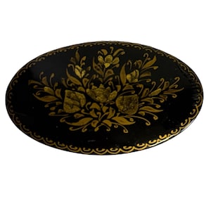 Wooden Brooch Lapel Pin |  Russian Black Lacquer Gold Hand painted | Folk Art Flower Design Signed | Jewelry | Oval Shape | Gifts for her