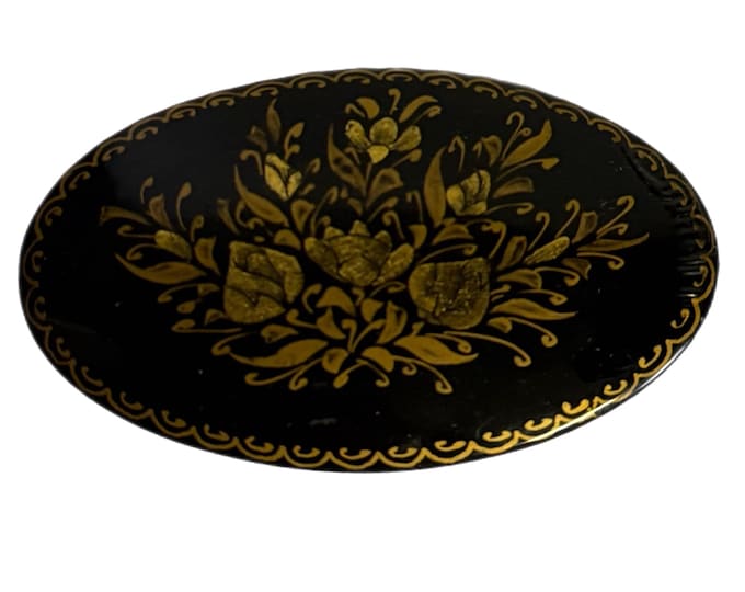 Wooden Brooch Lapel Pin |  Russian Black Lacquer Gold Hand painted | Folk Art Flower Design Signed | Jewelry | Oval Shape | Gifts for her