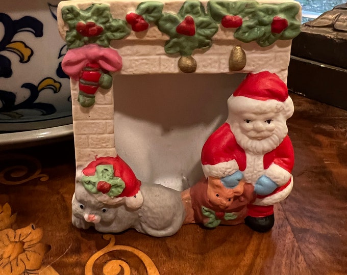 Vintage | Ceramic | Picture frame | Santa Fireplace Mantel Cat | Photo holder