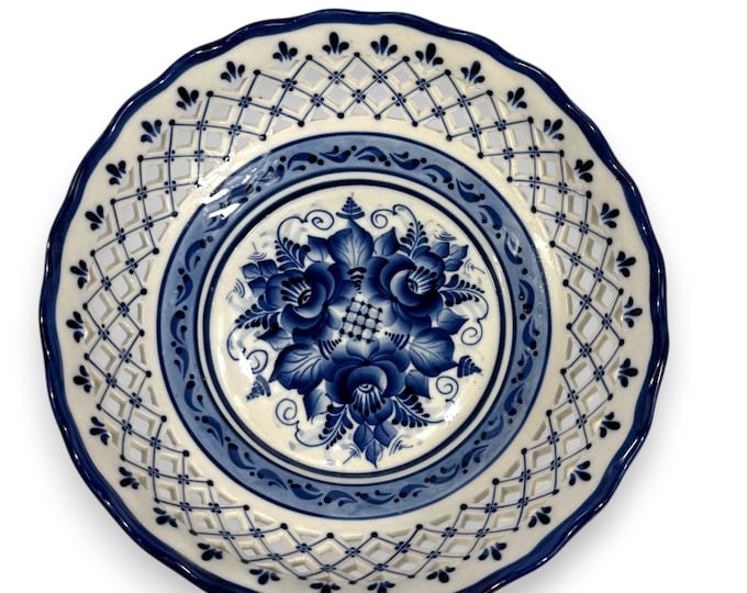 Fruit Centerpiece Bowl Pierced Reticulated Blue White Hand Painted | Russian USSR GZHEL Pottery Ceramic Fork Art | Kitchenware Decorative