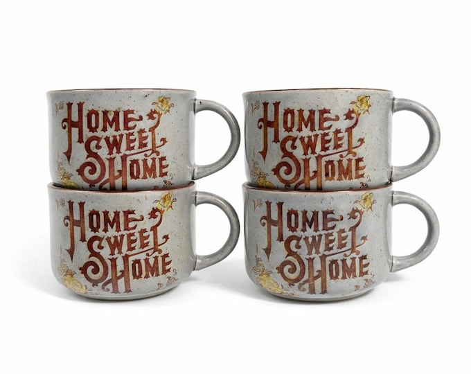 Stoneware Wide Mouth Coffee Mugs Large Soup Mug Set 4 Home Sweet Home Japan Floral Specked  Vintage Farmhouse Cottage Granny Core Pottery