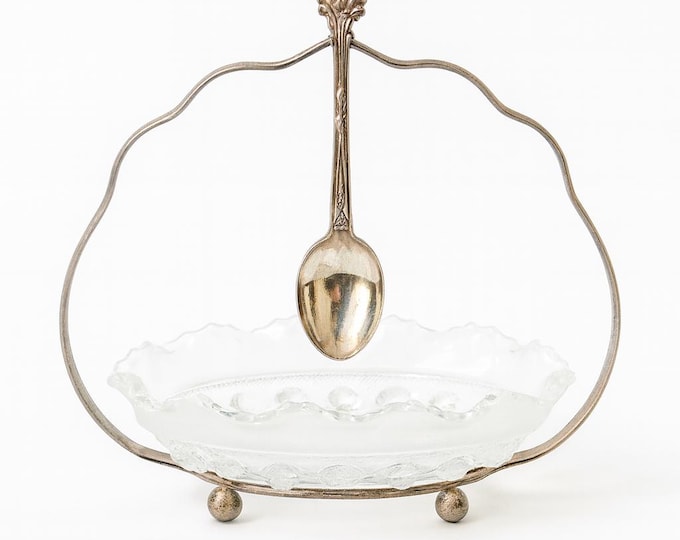 Celtic Caviar Relish Condiment Jelly Dish Sauce Server Bowl | English Pressed Glass Clear Ruffle w/Spoon England | Hostess Serving Pieces