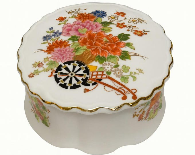 Round Trinket Box Porcelain Ceramic | Vintage Asian Rickshaw Floral Flowers Chinese Chinoiserie | Jewelry Storage Keepsake Box Decorative
