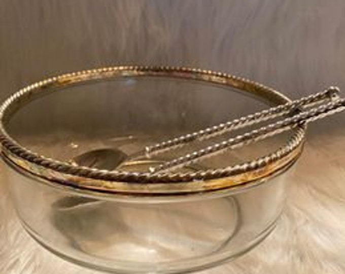 Vintage | Grand Millennial | San Marco by Godinger | Three Piece Salad Set | Glass | Silverplated Rim Bowl | 1986 | Made in Italy #266