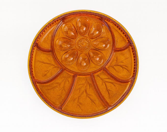 Deviled Egg Class Relish Dish Tray | Indiana Glass Vintage Amber Orange Indiana Glass  "Tree of Life" Pattern 13" | Serving Piece Glassware