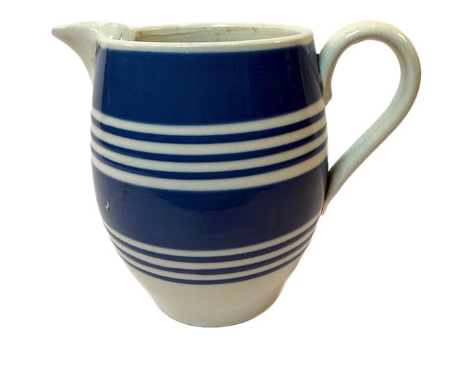Mochaware Mini Pitcher | Blue White Striped | Stoneware Pottery | Made in England English | Staffordshire Pearlware Primitive Granny Core