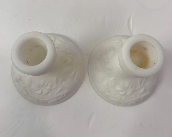 Vintage | Pair Set 2 | Candlestick Taper Candle Holders | White Satin Milk Glass | Imperial Rose  Vine Doe Skin | Home Table Decor