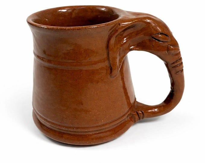 Pottery Coffee Mug Elephant Trunk Handle Unique Studio Pottery Brown Glazed Vintage Kitchenware Collectible Wildlife Gifts
