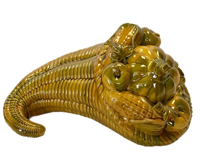 Vintage | Pottery Glazed Cornucopia Harvest Basket |  Fall Thanksgiving | Table  Seasonal Decor | Mid Century Retro Kitschy | Green Yellow