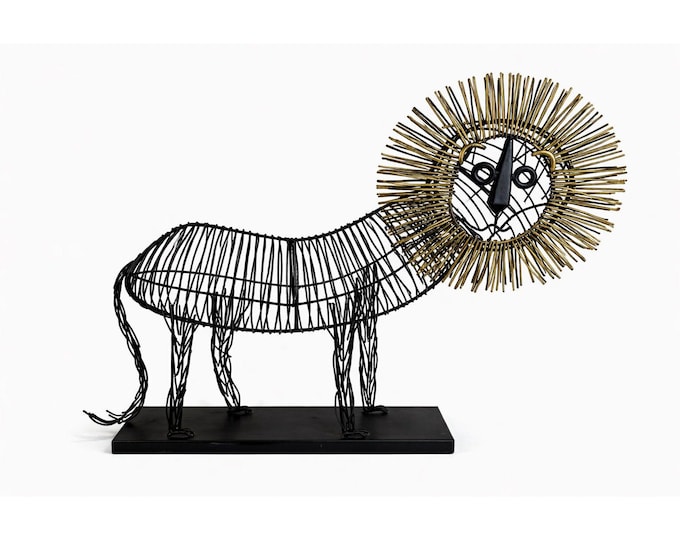 Metal Wire Lion Art Sculpture Curtis Jere Mid Century Style Pier 1 Modernist Statement Home Decor Decorative Accent Black Gold Brutalist