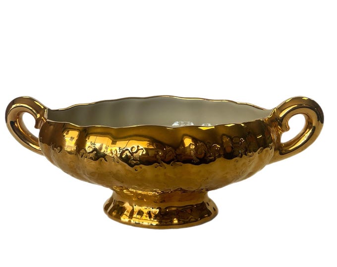 Mid Century Made in USA | Park Avenue China | 22 kt Gold Pottery Porcelain Weeping Gold Dish | Planter Succulents | Handled | Candy Dish