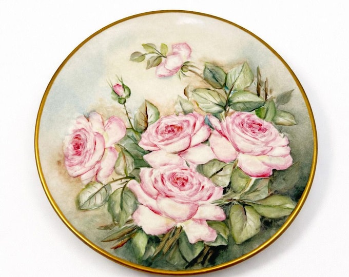 Hand Painted Plate Roses Vintage Frost and Adams Boston Antique Floral Gallery Wall Cottage Core Victorian Vintage Gold Banks
