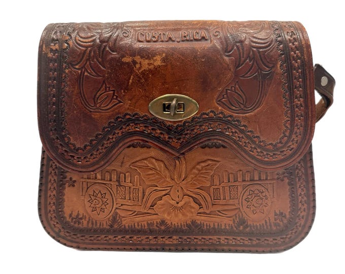 Vintage 70s Handcrafted Hand Tooled Leather Engraved Costa Rica Symbols Crossbody Purse Vintage Western Orchid and Cart Siler clasp Boho