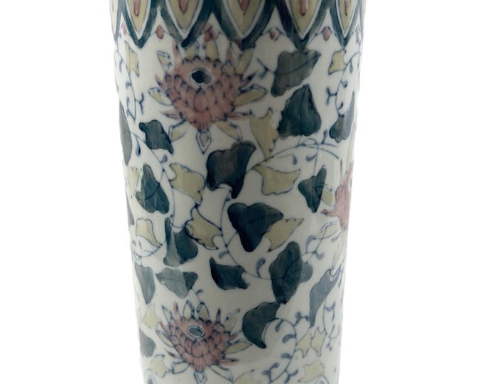 Vintage Famille Verte Pink Chinoiserie Tall Chinese Vase Or Brush pot  | Lotus Flowers Floral | Green Pink  | Oriental | Grand Millennial
