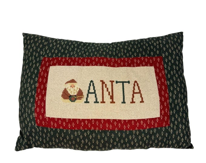 Santa Claus Throw Pillow Santa Cross Stitch Needlework Vintage Handmade Christmas Holiday Seasonal Country Primitive Cottage Granny Core