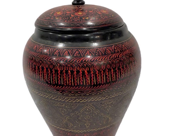 Pakistan Turkish Handcrafted  Hand Carved Wooden Lacquer Urn Canister | Shelf Decor Kitchen Decor | Red Black Flower Floral | Bohemian Boho