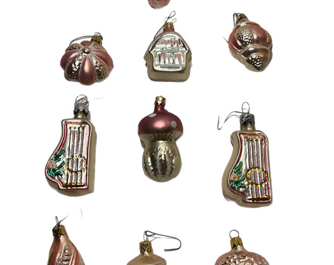 Mercury Glass Ornaments | Vintage Kurt Adler Lot of 12 Pink | Strawberry Mushroom Santa Music | Blown Glass mini | Holiday Decor Decoratons