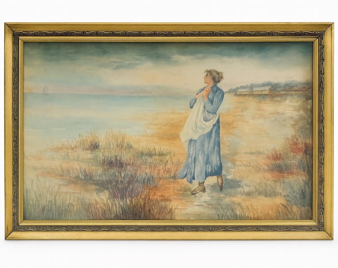 Watercolor Framed Gold Gilded | Girl at water Beach Lake | Hand Hand painted Art | Vintage Victorian Wall Art Decor Gallery Antique Frame