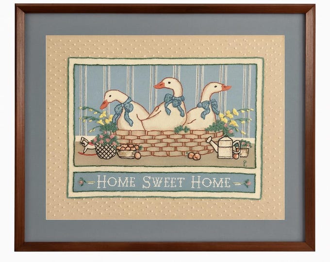 Vintage | Framed Embroidery Crewel  | The Heart Basket Of Geese | Farmhouse Primitive Country Cottage Core Granny Core | Wall Art Wall Decor