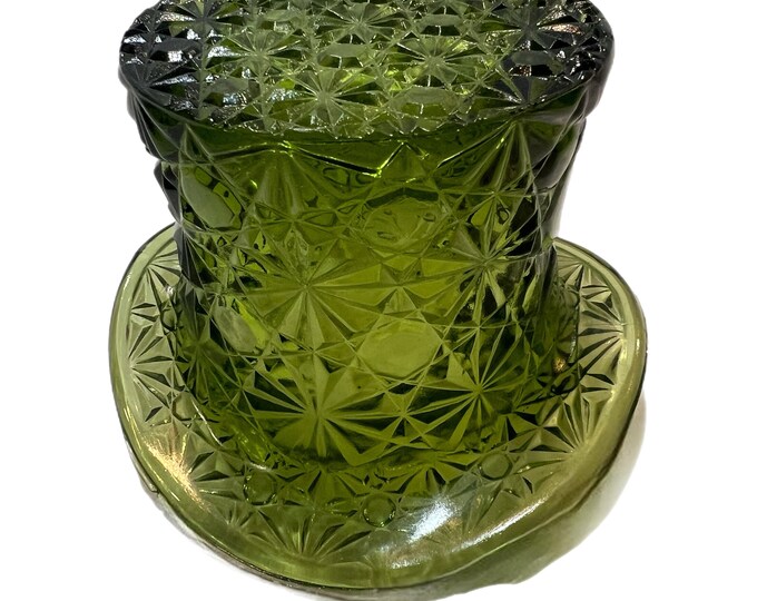 Vintage LE Smith Daisy and Button Green Glass Hat Vase