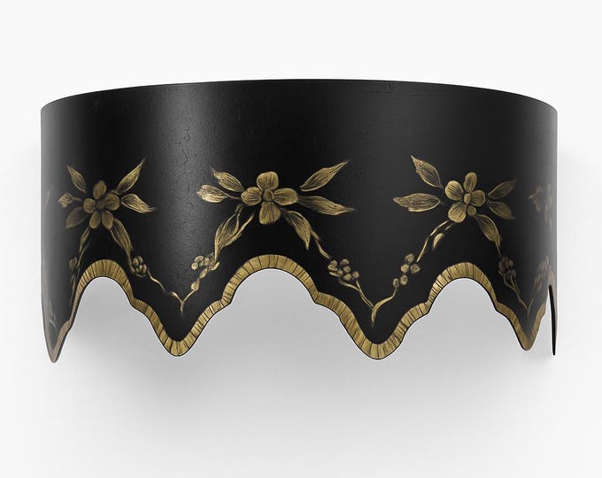 Vintage Scalloped Metal Tole Painted Wall Shelf | Black and Gold