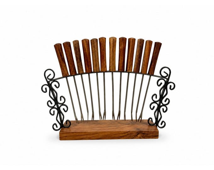 Cocktail Forks Set on Stand Vintage KGD Japan Set 12 Rosewood Stainless Vintage Hostess Party Appitizer Hors D'Oeuvre Wood and Metal