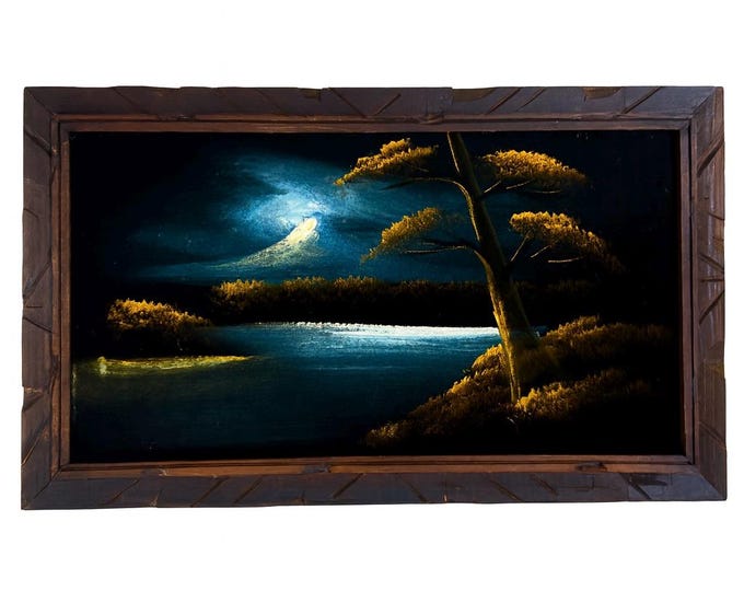 Velvet Painting Signed Wall Decor Art | Dark Moody Colors Waterfall Forest Mountains  Clouds Stream | Boho Kitschy Gallery Wall Mexico Wood