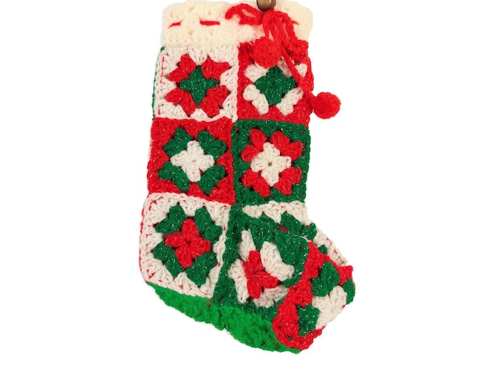 White Granny Square Christmas Stocking 13 Retro Handmade |Vintage Handmade Holiday Mantle Decor Granny Cottage Farmhouse Nostalgia Red Green