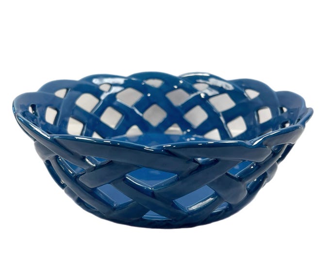 Temptations Tara Old World Blue Lattice Basketweave Breadbasket Dish Server