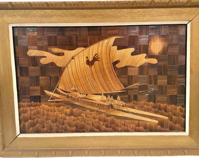 Vintage | Sailboat Viking Ship | Marquetry Wood Inlay | Sugar Cane Stalk Handcrafted  | Framed Wall Art Wall Decor | Mid Century Boho Retro