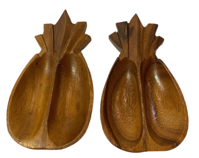 Pair Vintage Monkey Pod Wood Pineapple Bowl Dish Split, Phillipines